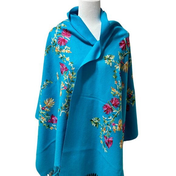 Baby Alpaca Shawl / Wrap in Azure Blue with Multicolor Embroidery – Made in Peru - Picture 1 of 15